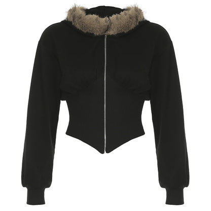Slim Fit Faux Collar Hooded ’s Coat Simple Basic Zipper Long Sleeve Jackets Autumn Winter