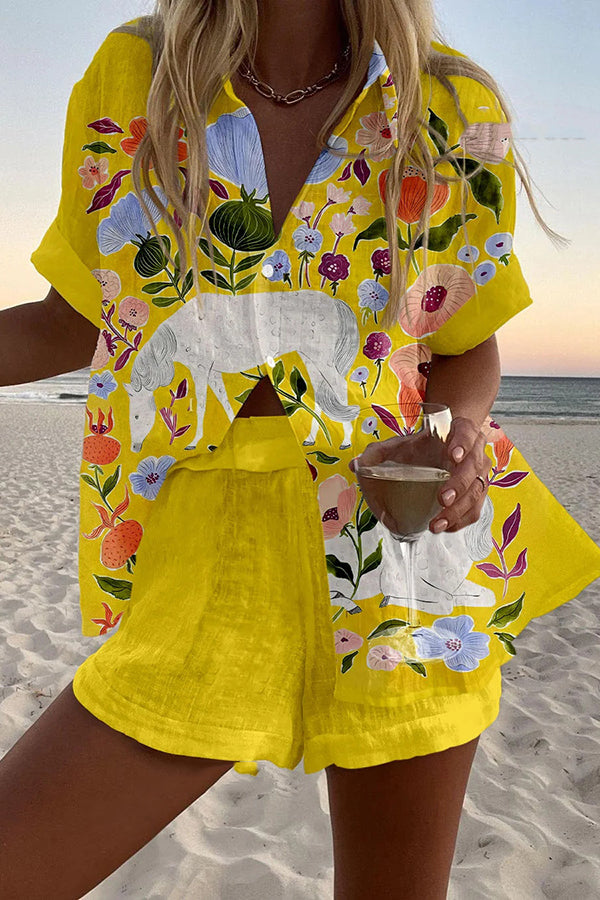 White Horse Print Loose Buttoned Elastic Waist Shorts Set