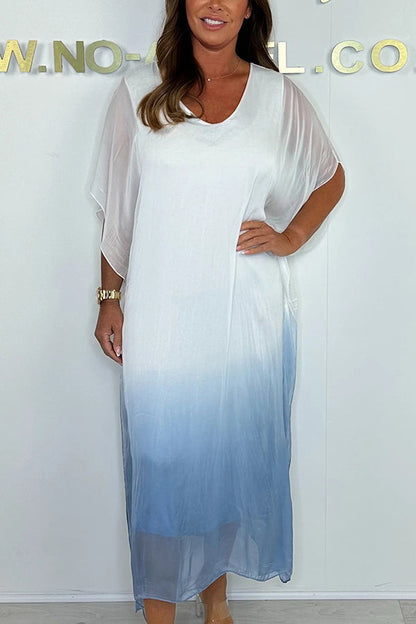 Fashionable Gradient Tie-dye Loose V-neck Midi Dress