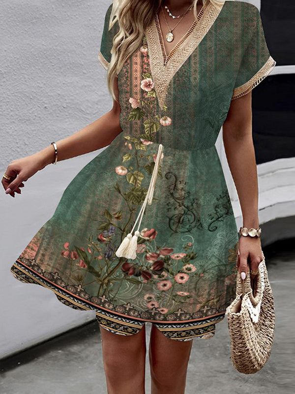 A-line Loose Elasticity Flower Print Hollow Split-joint Tasseled Tied Waist V-neck Mini Dresses
