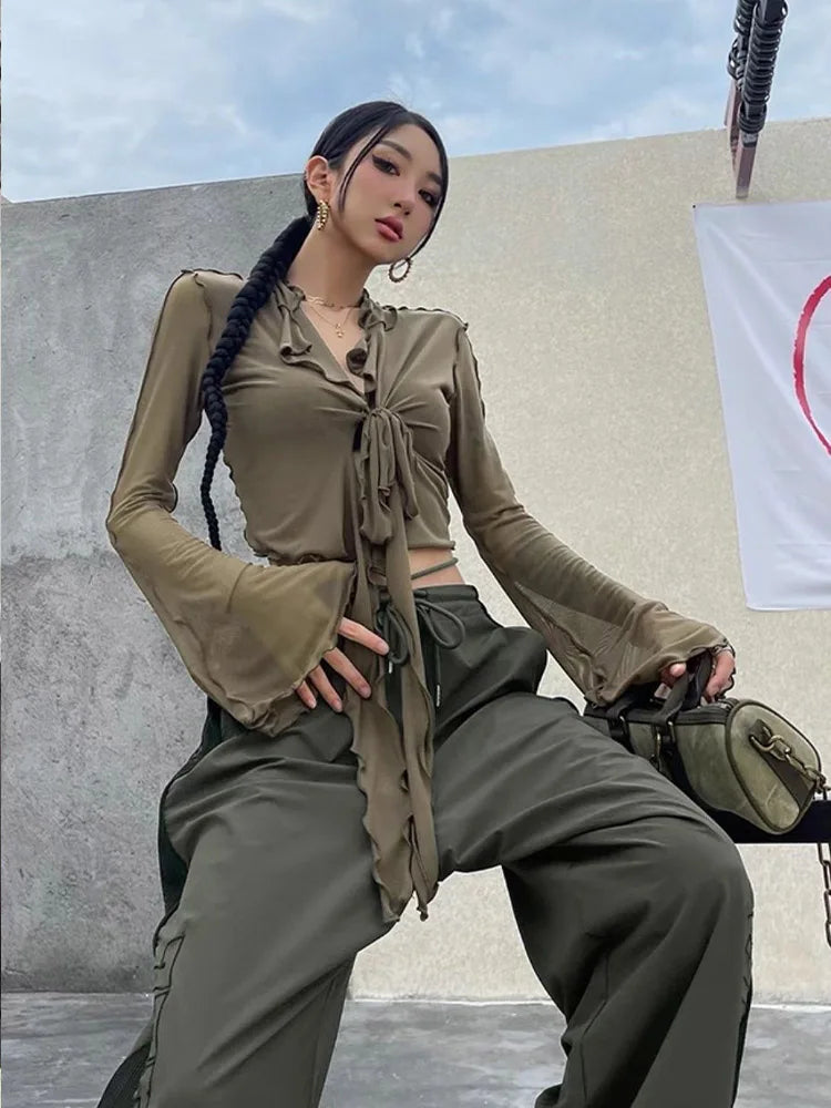 Long Flare Sleeve Blouses for Lace-up Mesh Sweet Hot Korean Style All-match Design