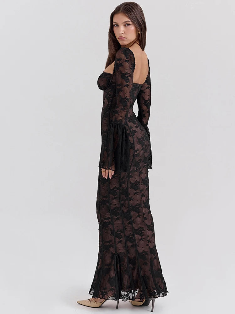 Lace Print Long Flare Sleeve Maxi Dress for Square Collar Backless Bodycon Club Party Dress