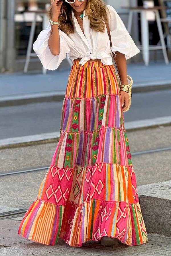 Color Block Style Retro Long Skirt