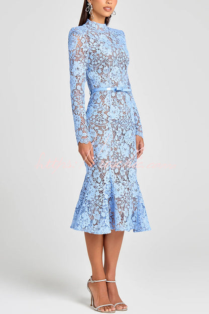 Feminine and Flower Lace Long Sleeve Bow Belted Flare Midi Dress