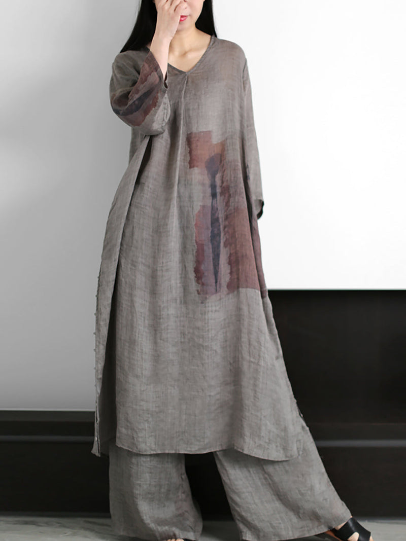 Print 100%ramie Long Shirt+pants Zz1056