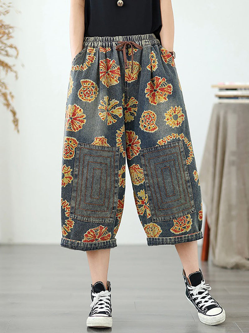 Straight Pants Retro Capri Flower Denim