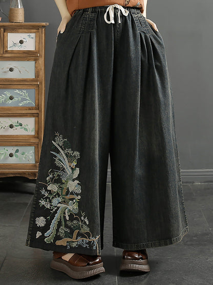 Embroidery Wide-leg Denim Pants Co1052