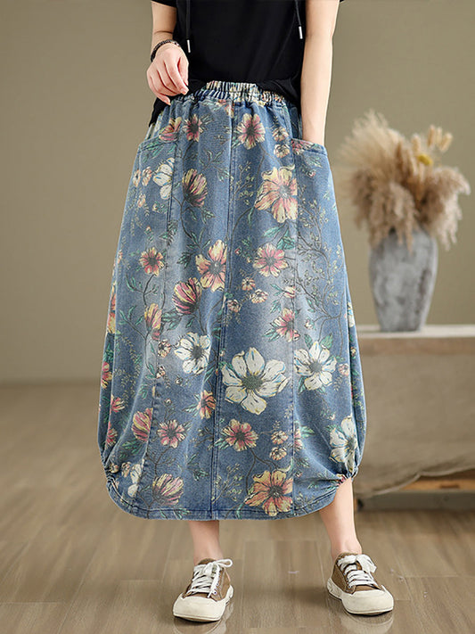Summer Flower Spliced Denim Skirt Xx1027