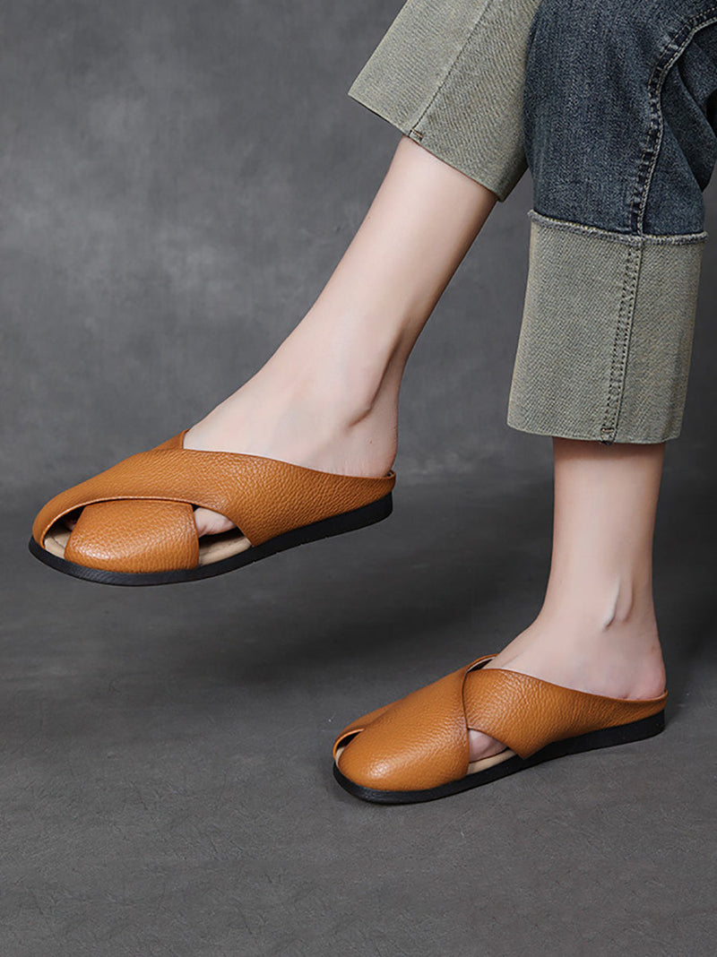 Summer Leather X-spliced Flat Slippers Ui1032