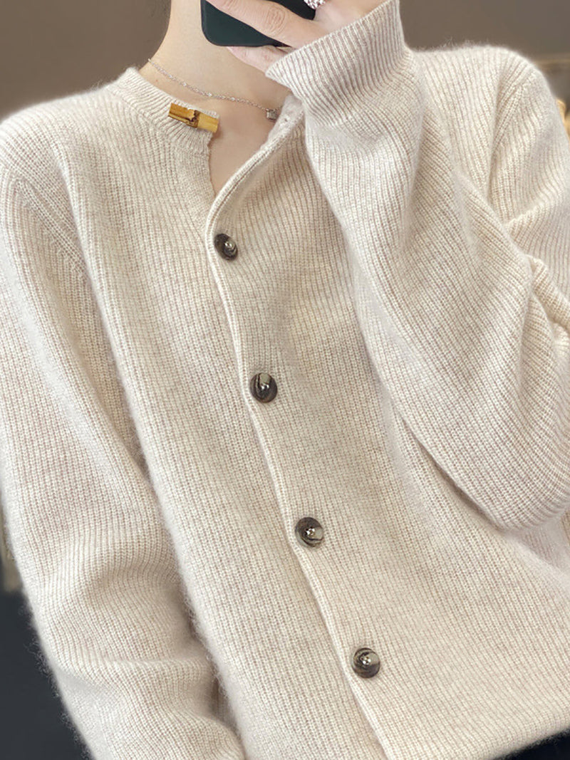 Autumn Knit Wool Buttoned O-neck Sweater Wu024
