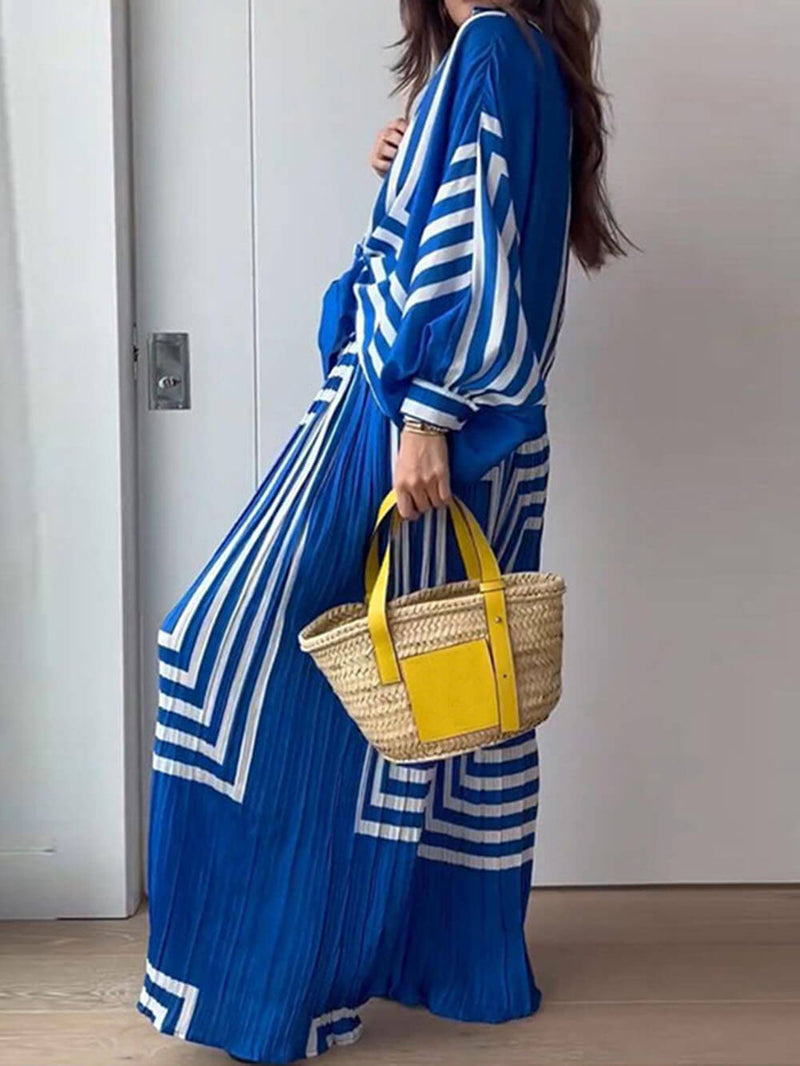 Printed Striped Shirt Pleated Straight Wide-leg Pants Suit