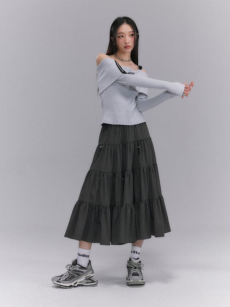 Crumply Flare Drawstring Tiered Long-skirt