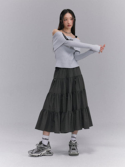 Crumply Flare Drawstring Tiered Long-skirt