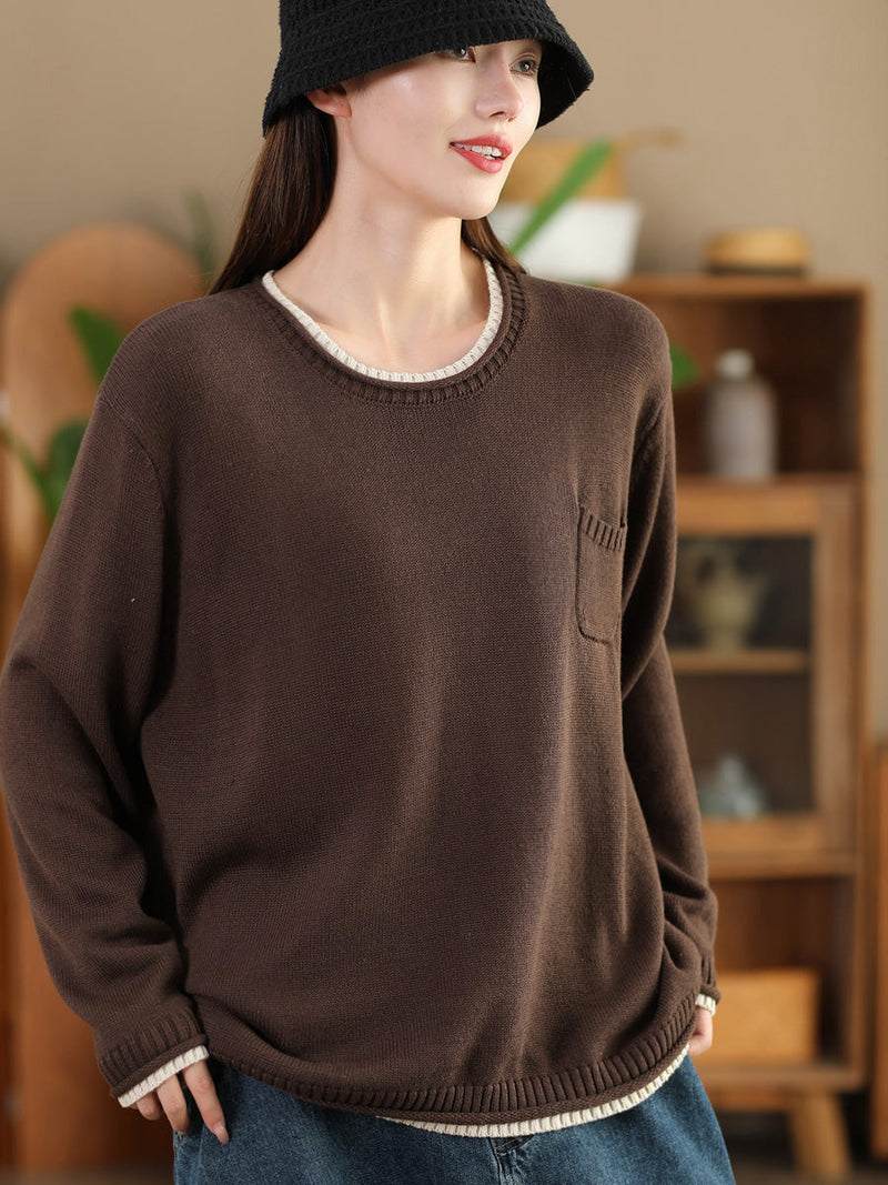 Autumn Colorblock O-neck Cotton Knit Blouse Ai1068