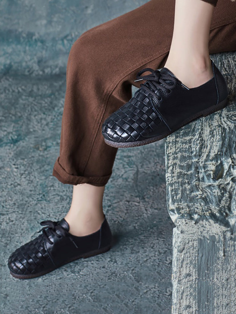 Autumn Soft Leather Waeve Flat Shoes At1029