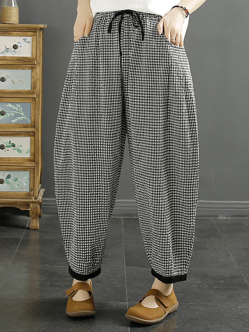 Plaid Summer Cotton Harem Pants Qw1044