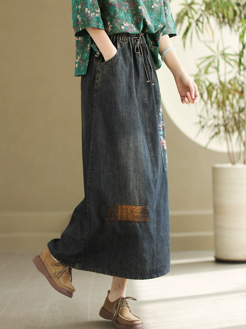 Artsy Flower Embroidery Denim Skirt Co1053