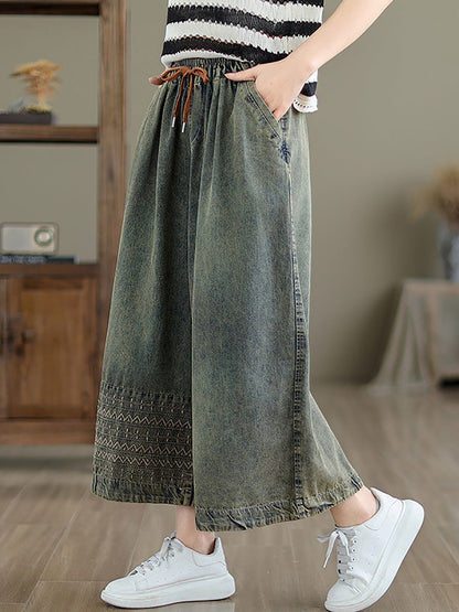 Summer Embroidery Wide-leg Denim Pants Cc010