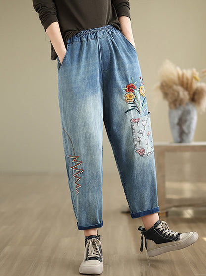 Autumn Artsy Flower Embroidery Denim Harem Pants Ai1074