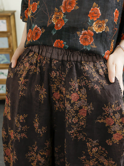 Summer Retro Print Ramie Harem Pants Cx052