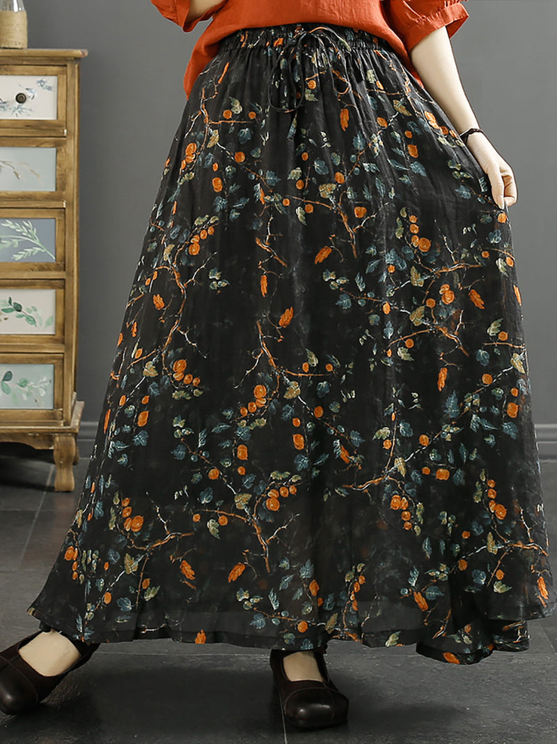 Leaf Flower Ramie Loose Skirt Sc1042