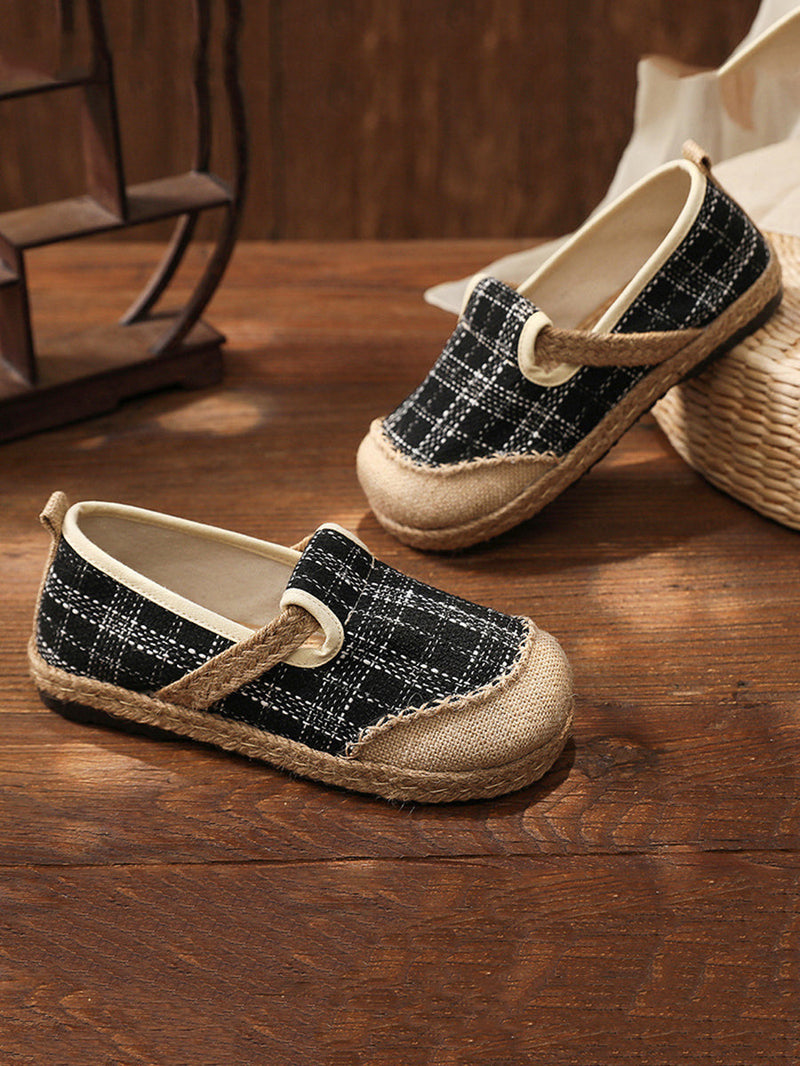 Artsy Summer Plaid Linen Spliced Flat Shoes Rr007