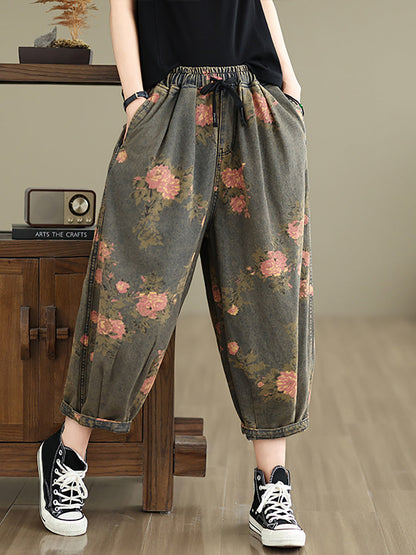 Summer Retro Flower Denim Loose Pants Ii1003