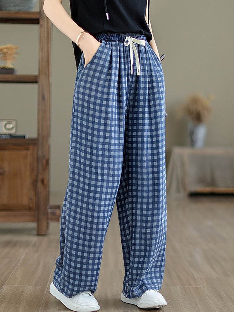 Summer Plaid Wide-leg Cotton Pants Op1028