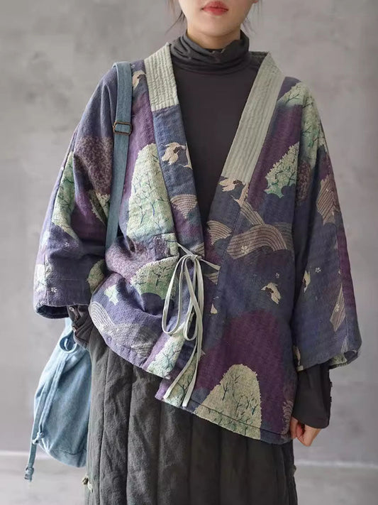 Autumn Print Strap Cotton Padded Coat Wg020