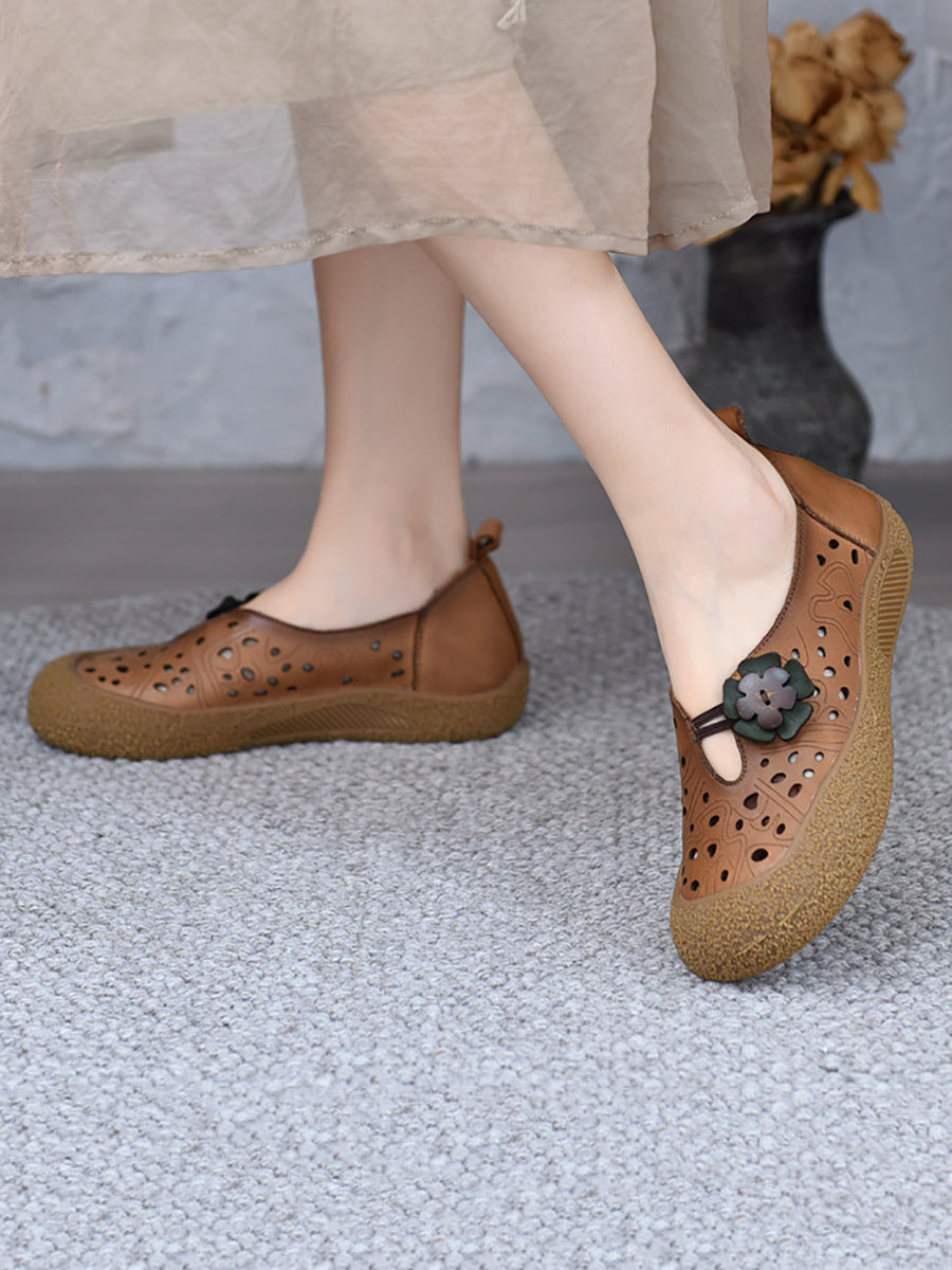 Summer Leather Cutout Flower Flat Shoes Sc1060
