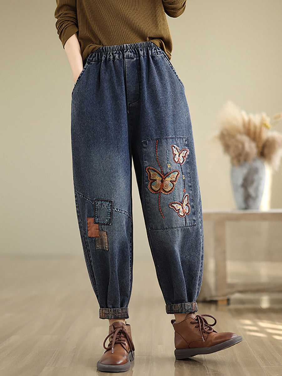 Autumn Artsy Butterfly Embroidery Denim Harem Pants Ai1078