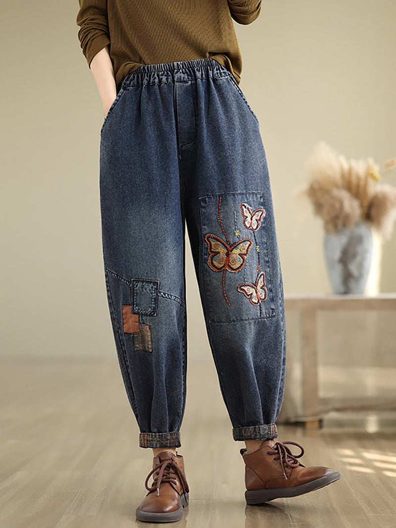 Autumn Artsy Butterfly Embroidery Denim Harem Pants Ai1078