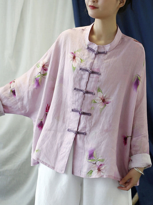 Flower Pink Spring Ramie Shirt Coat Pp1051
