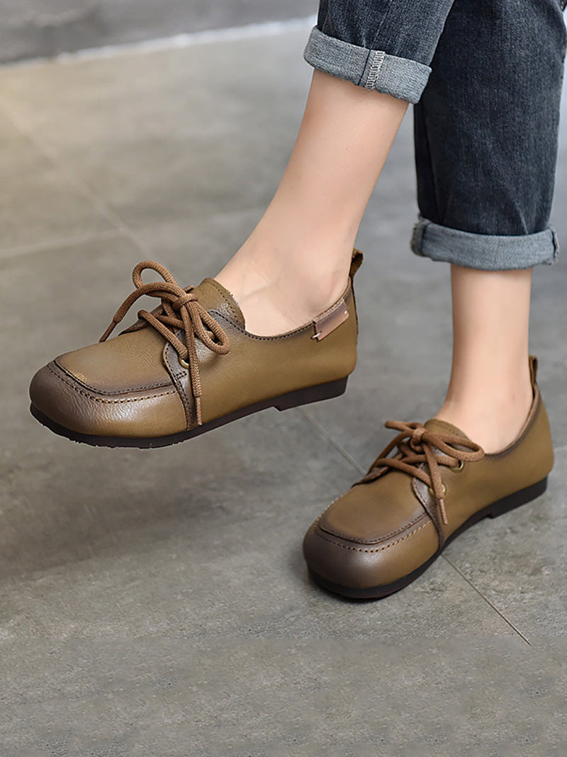Summer Retro Leather Square Toe Flat Shoes Cx041