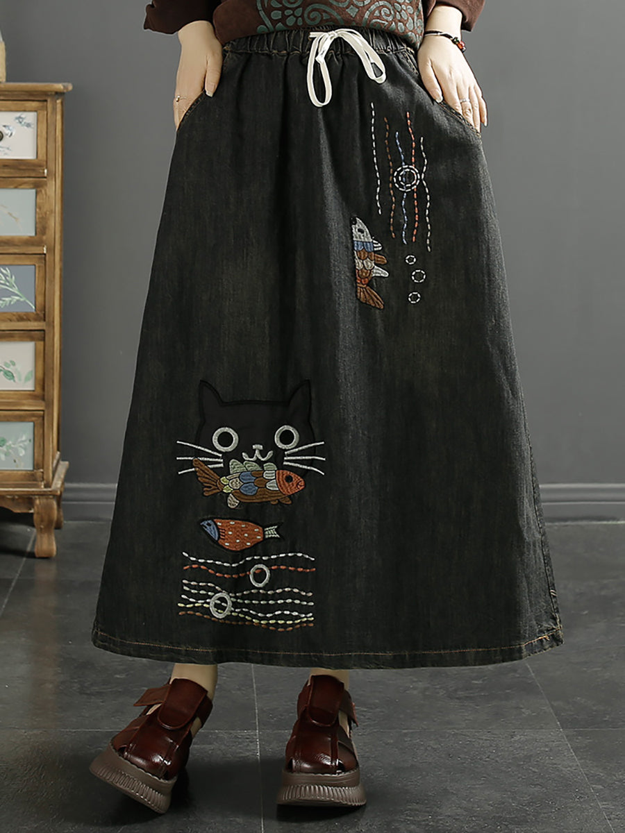 Summer Cat Fish Embroidery Denim Skirt Kl1008