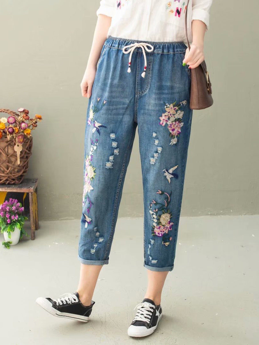 Summer Flower Embroidery Denim Harem Pants Io1022