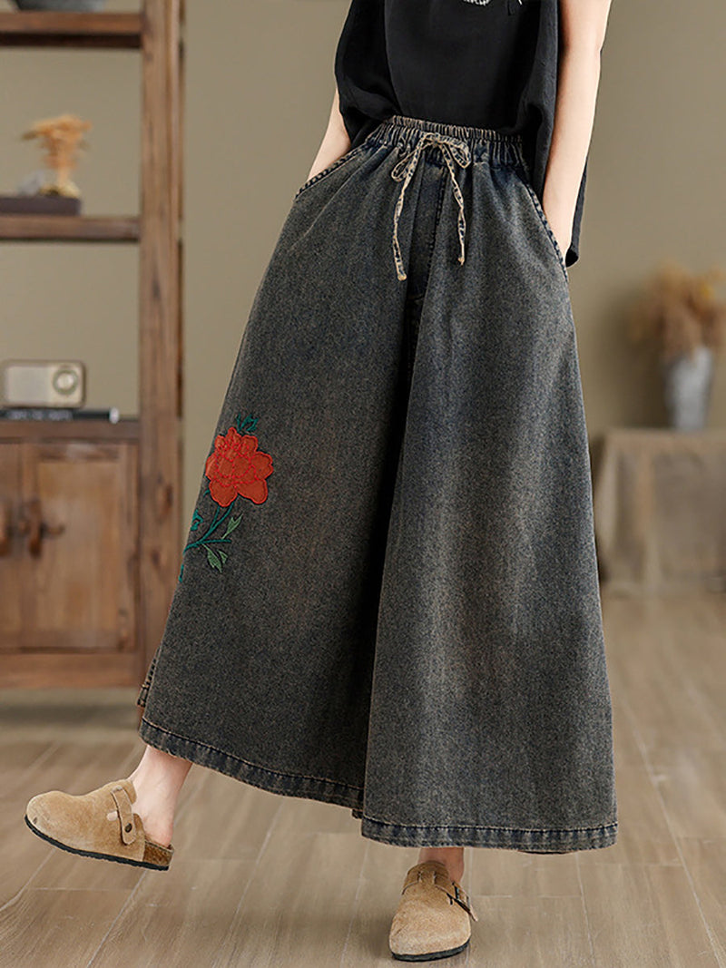 Summer Flower Denim Wide-leg Pants Op1010