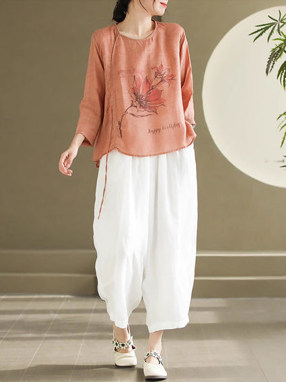 Spring Flower Strap Ramie Blouse Kl1039