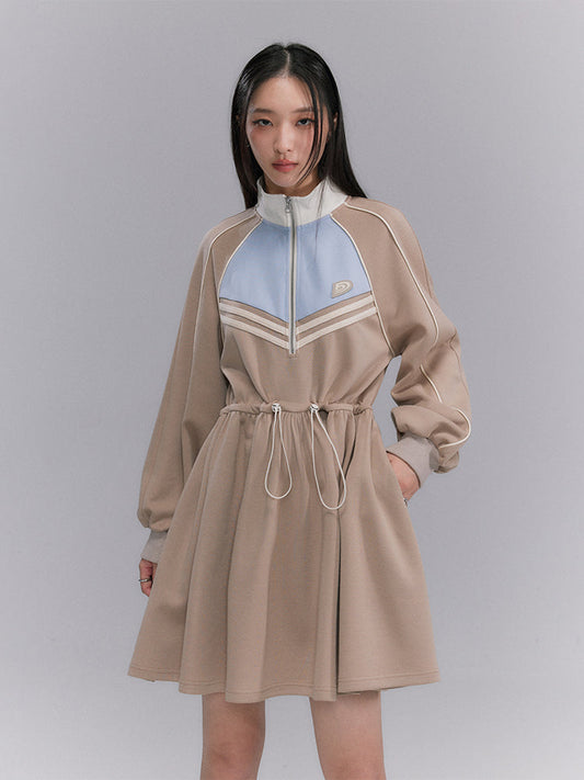 Sporty Flare Stand-collar Drawstring Jumpsuit