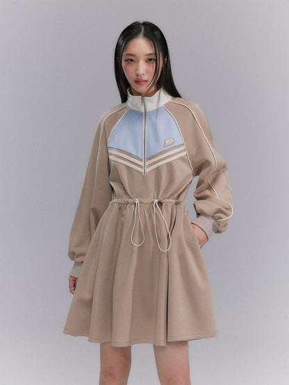 Sporty Flare Stand-collar Drawstring Jumpsuit