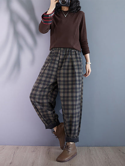 Autumn Retro Plaid Thick Cotton Harem Pants Ba1036