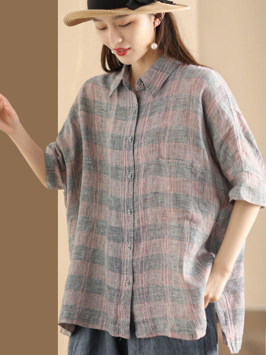 Retro Summer Plaid Linen Button-up Blouse Co1006