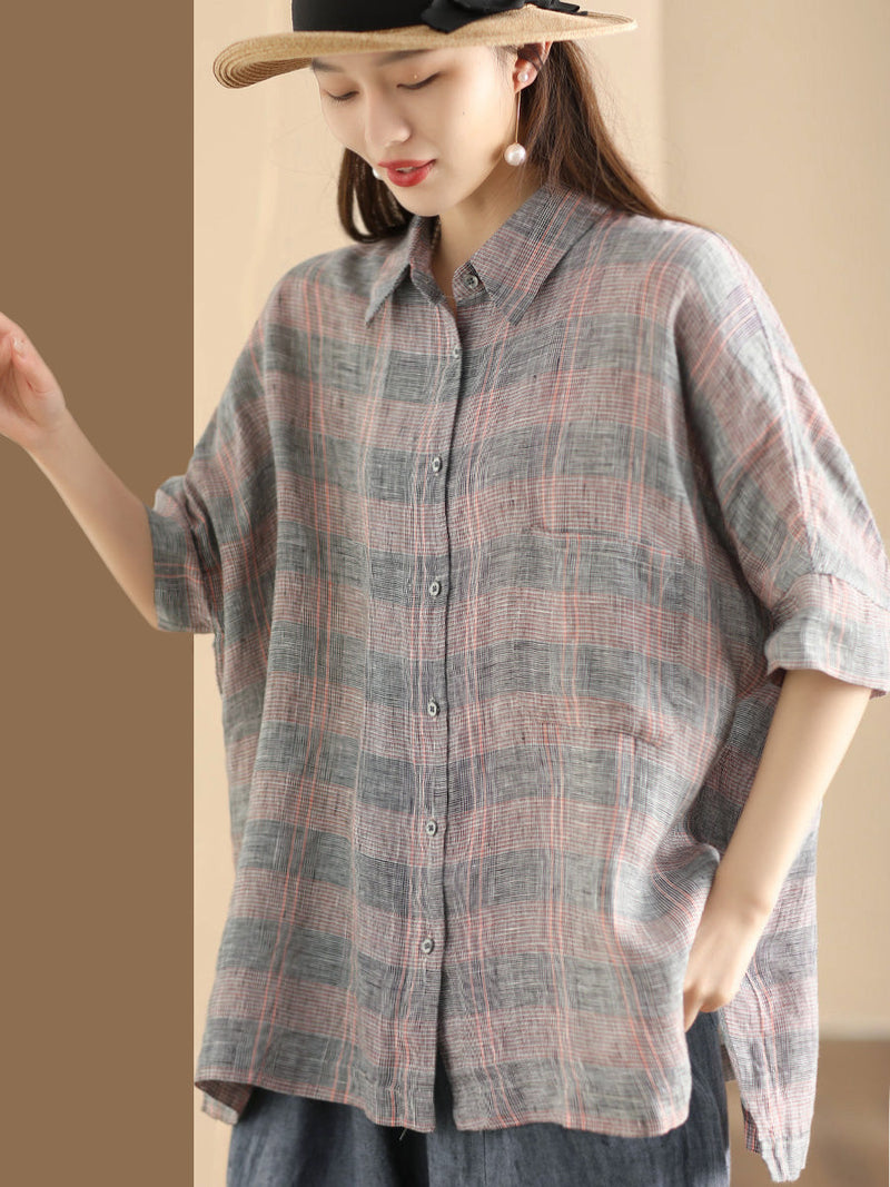 Retro Summer Plaid Linen Button-up Blouse Co1006