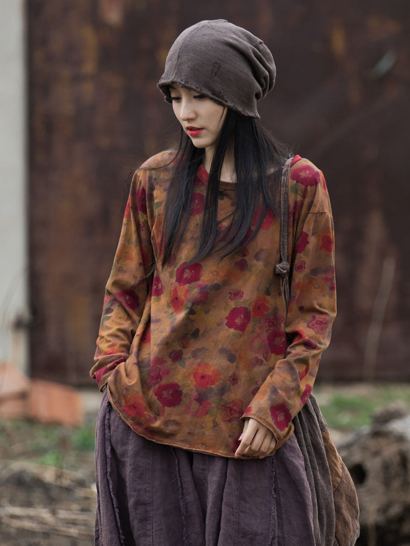Autumn O-neck Flower Cotton Blouse At1008