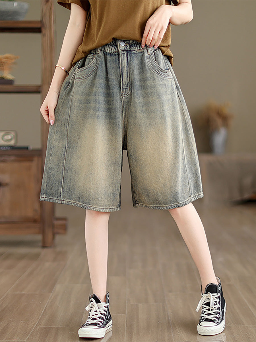 Summer Worn Denim Wide-leg Fifth Pants Cc037