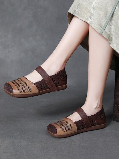 Leather Colorblock Cutout Flat Shoes Ty1028
