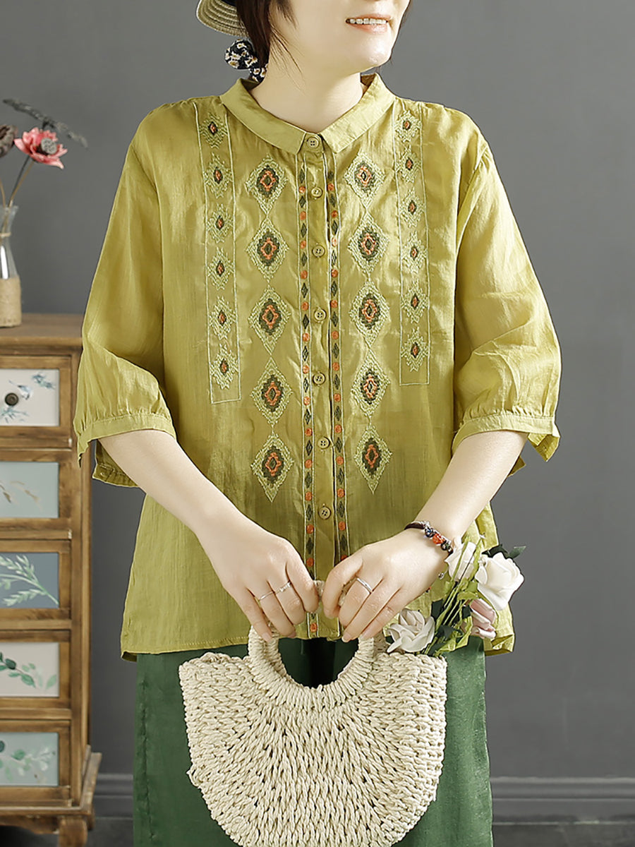 Rhomboids Embroidery Ramie Button Up Blouse Kl1031