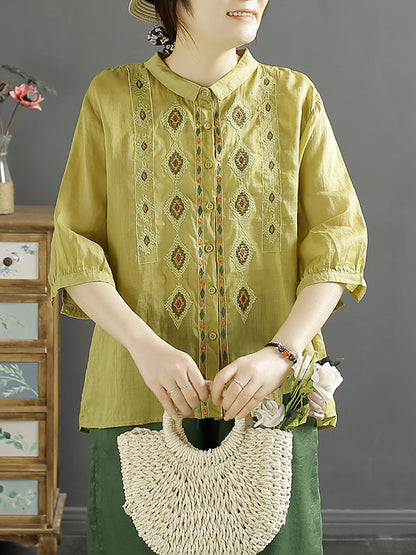 Rhomboids Embroidery Ramie Button Up Blouse Kl1031