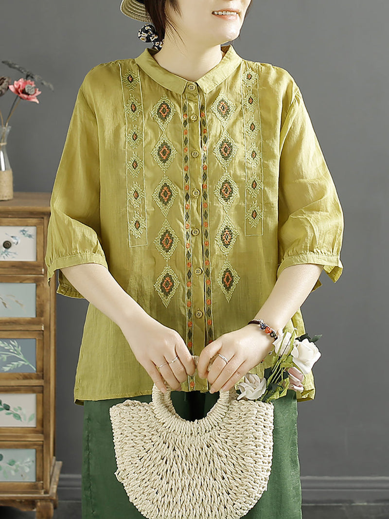 Rhomboids Embroidery Ramie Button Up Blouse Kl1031