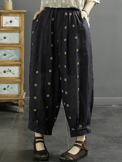 Spring Artsy Flower Embroidery Ramie Harem Pants Kl1009